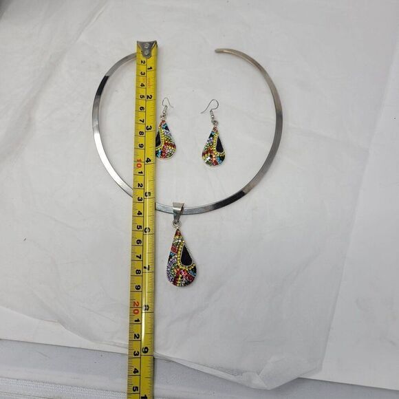 Artisan 925 Teardrop Multicolor Micro Mosaic Crystal Torque Necklace Earring Set - Picture 10 of 16